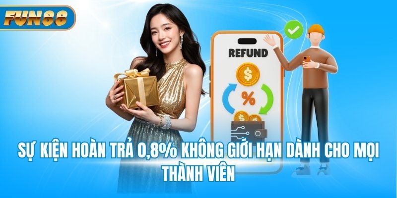 Khuyến mãi Casino Fun88 - Tổng hợp 3+ sự kiện hot 2025 Sự kiện hoàn trả 0,8% không giới hạn dành cho mọi thành viên